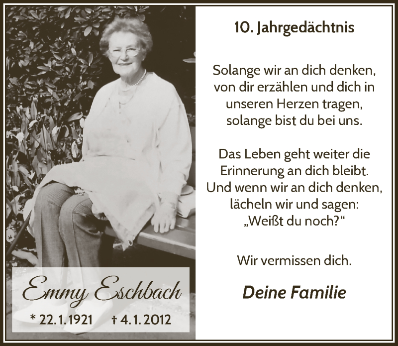  Traueranzeige für Emmy Eschbach vom 07.01.2022 aus  Bergisches Handelsblatt 