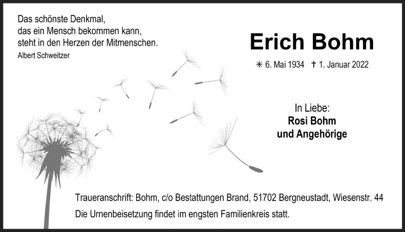  Traueranzeige für Erich Bohm vom 21.01.2022 aus  Anzeigen Echo 