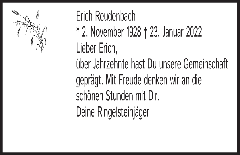  Traueranzeige für Erich Reudenbach vom 29.01.2022 aus Kölner Stadt-Anzeiger / Kölnische Rundschau / Express