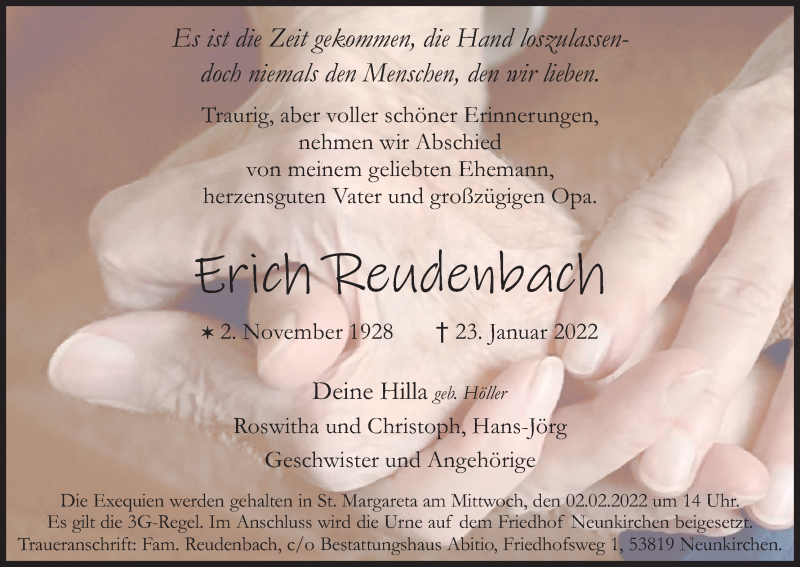  Traueranzeige für Erich Reudenbach vom 29.01.2022 aus Kölner Stadt-Anzeiger / Kölnische Rundschau / Express