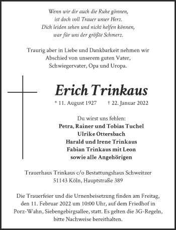 Anzeige von Erich Trinkaus von  Kölner Wochenspiegel 