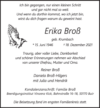 Anzeige von Erika Broß von  Werbepost 