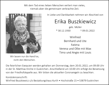 Anzeige von Erika Buszkiewicz von Kölner Stadt-Anzeiger / Kölnische Rundschau / Express