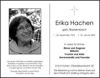 Anzeige von Erika Hachen von Kölner Stadt-Anzeiger / Kölnische Rundschau / Express