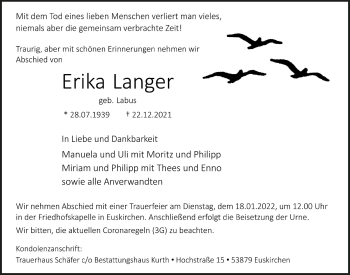 Anzeige von Erika Langer von  Blickpunkt Euskirchen 