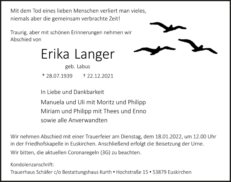  Traueranzeige für Erika Langer vom 08.01.2022 aus  Blickpunkt Euskirchen 