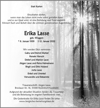 Anzeige von Erika Lasse von  Anzeigen Echo 