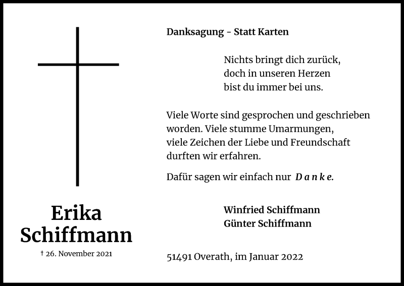  Traueranzeige für Erika Schiffmann vom 22.01.2022 aus Kölner Stadt-Anzeiger / Kölnische Rundschau / Express