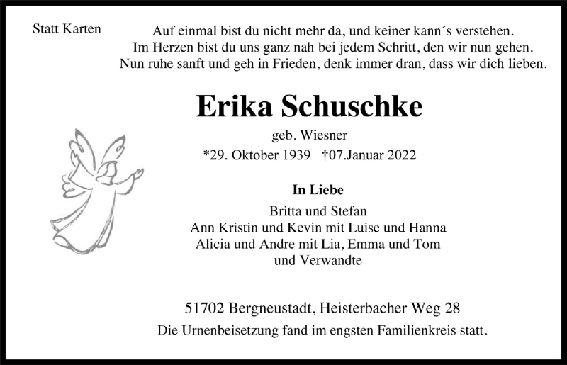  Traueranzeige für Erika Schuschke vom 14.01.2022 aus  Anzeigen Echo 
