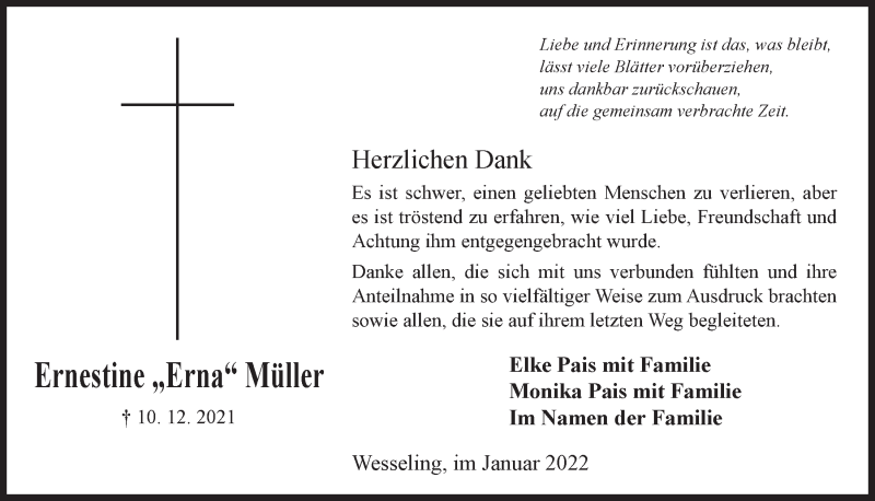  Traueranzeige für Ernestine Müller vom 21.01.2022 aus  Schlossbote/Werbekurier 
