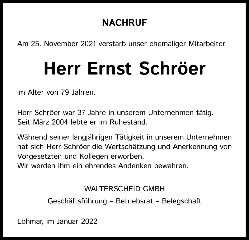  Traueranzeige für Ernst Schröer vom 29.01.2022 aus Kölner Stadt-Anzeiger / Kölnische Rundschau / Express