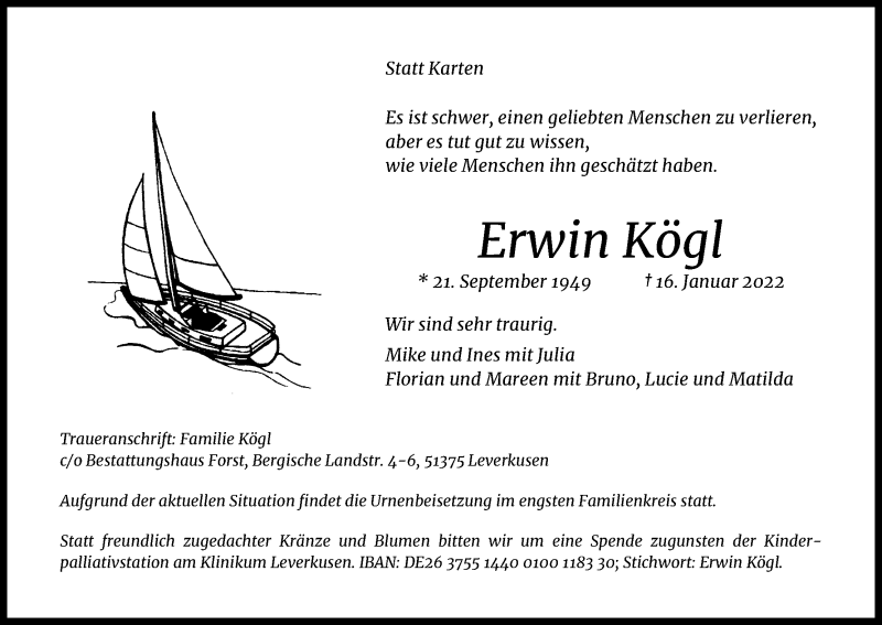  Traueranzeige für Erwin Kögl vom 29.01.2022 aus Kölner Stadt-Anzeiger / Kölnische Rundschau / Express