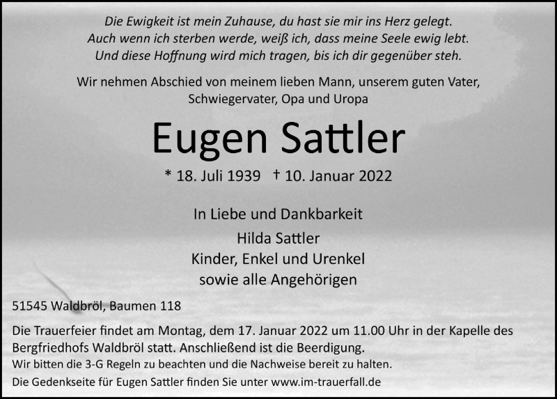  Traueranzeige für Eugen Sattler vom 14.01.2022 aus  Lokalanzeiger 
