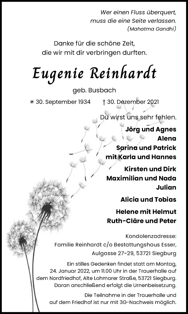  Traueranzeige für Eugenie Reinhardt vom 15.01.2022 aus Kölner Stadt-Anzeiger / Kölnische Rundschau / Express