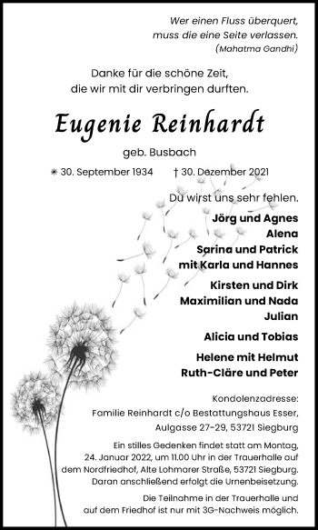 Anzeige von Eugenie Reinhardt von Kölner Stadt-Anzeiger / Kölnische Rundschau / Express