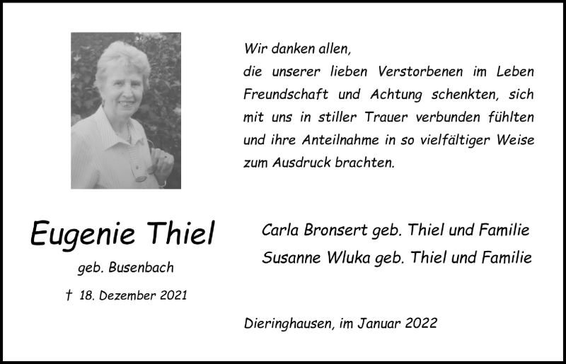  Traueranzeige für Eugenie Thiel vom 28.01.2022 aus  Anzeigen Echo 