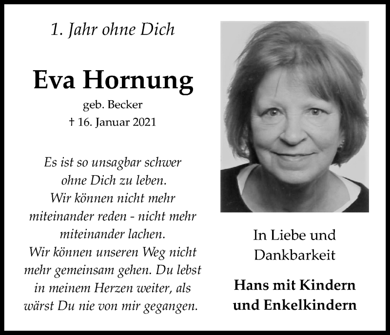  Traueranzeige für Eva Hornung vom 15.01.2022 aus Kölner Stadt-Anzeiger / Kölnische Rundschau / Express