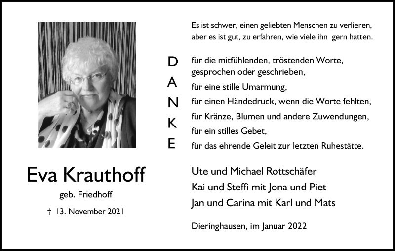  Traueranzeige für Eva Krauthoff vom 15.01.2022 aus Kölner Stadt-Anzeiger / Kölnische Rundschau / Express