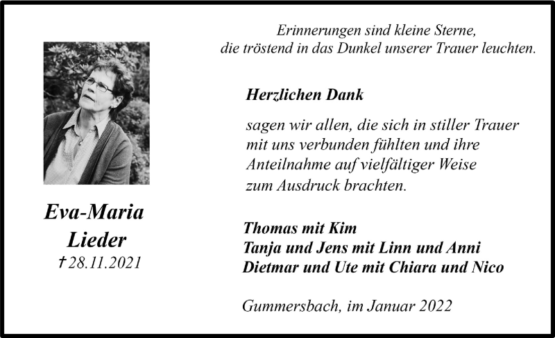  Traueranzeige für Eva-Maria Lieder vom 14.01.2022 aus  Anzeigen Echo 
