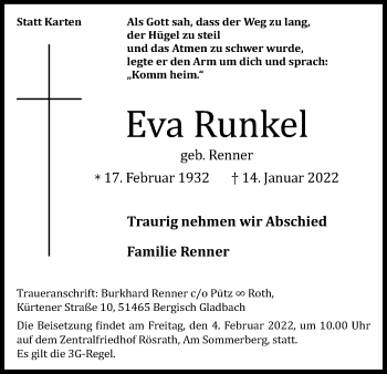 Anzeige von Eva Runkel von Kölner Stadt-Anzeiger / Kölnische Rundschau / Express