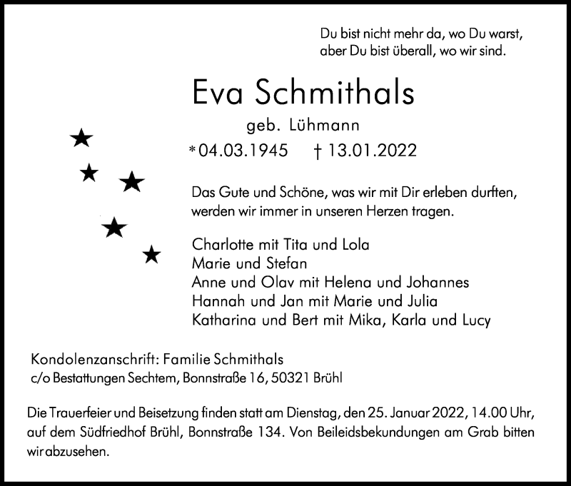  Traueranzeige für Eva Schmithals vom 22.01.2022 aus Kölner Stadt-Anzeiger / Kölnische Rundschau / Express