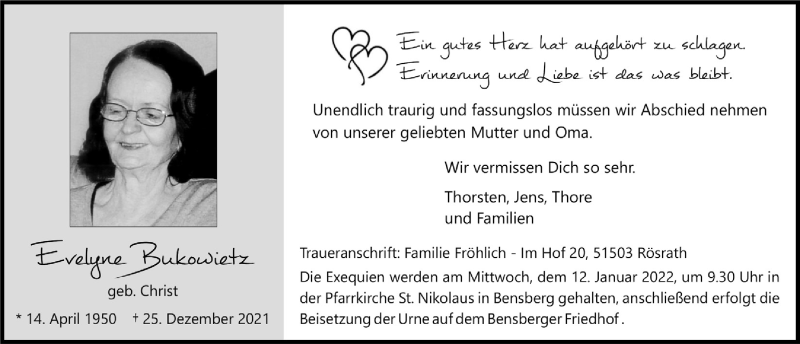  Traueranzeige für Evelyne Bukowietz vom 07.01.2022 aus  Bergisches Handelsblatt 