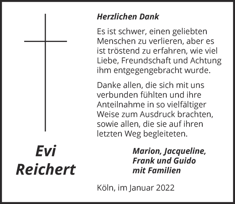  Traueranzeige für Evi Reichert vom 21.01.2022 aus  Kölner Wochenspiegel 
