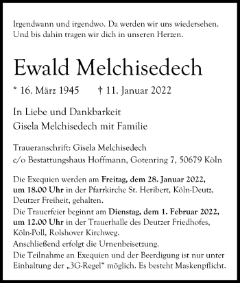 Anzeige von Ewald Melchisedech von Kölner Stadt-Anzeiger / Kölnische Rundschau / Express
