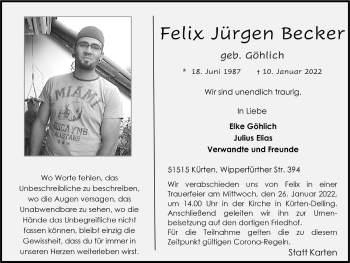 Anzeige von Felix Becker von  Bergisches Handelsblatt 