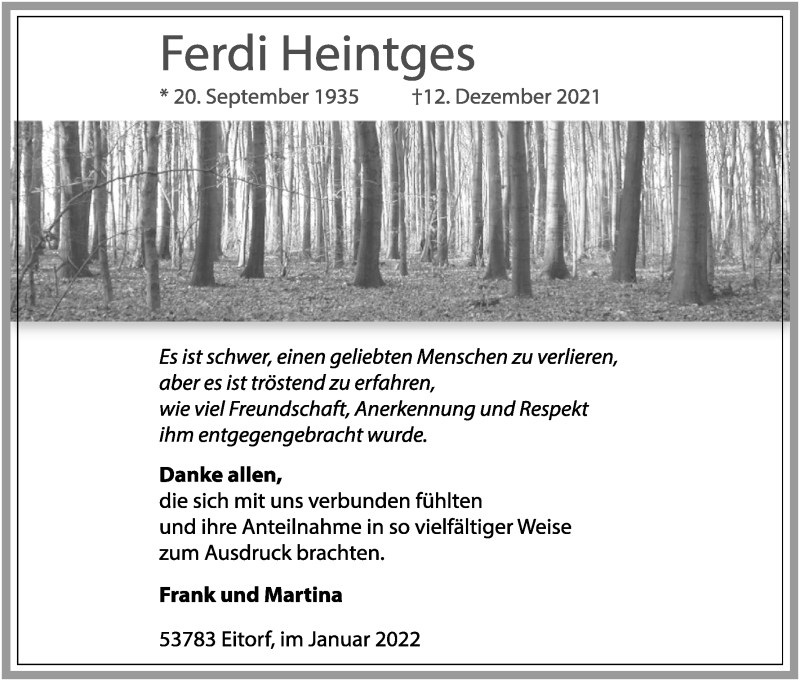  Traueranzeige für Ferdi Heintges vom 22.01.2022 aus Kölner Stadt-Anzeiger / Kölnische Rundschau / Express