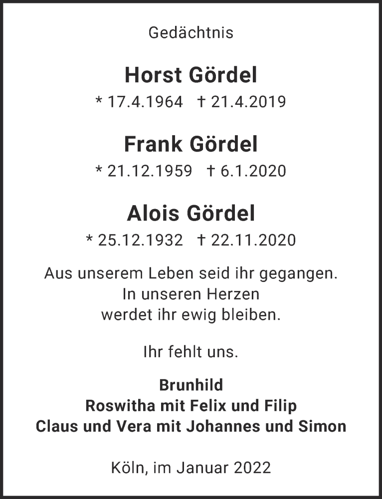  Traueranzeige für Frank Gördel vom 07.01.2022 aus  Kölner Wochenspiegel 