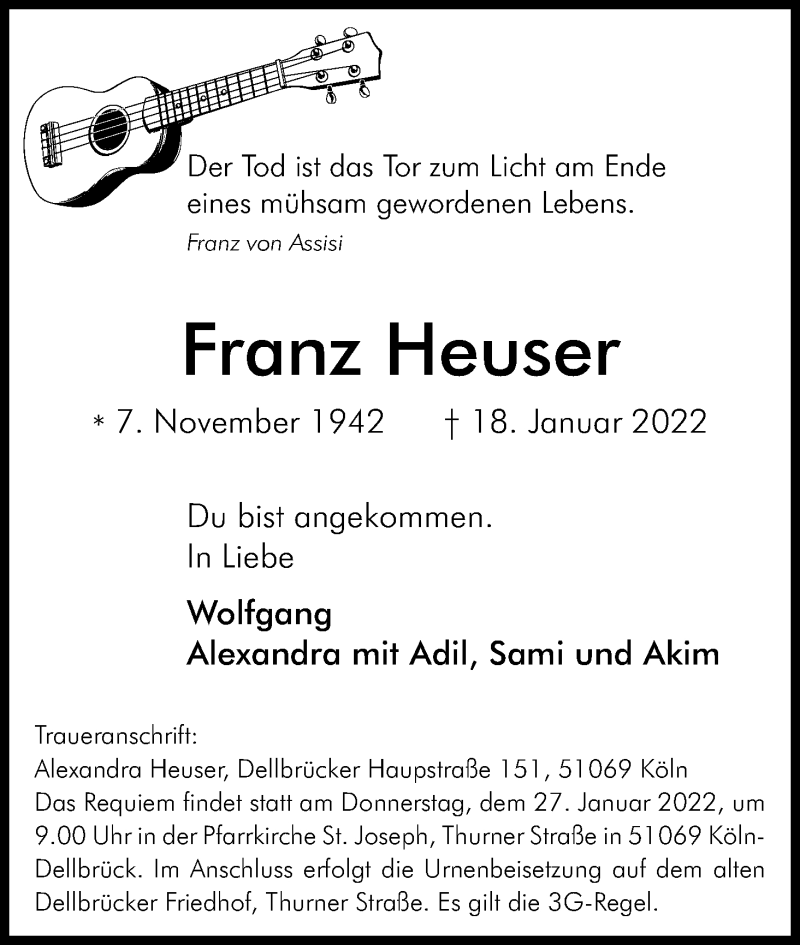  Traueranzeige für Franz Heuser vom 22.01.2022 aus Kölner Stadt-Anzeiger / Kölnische Rundschau / Express