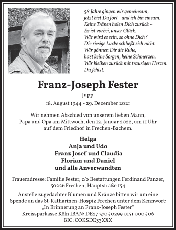 Anzeige von Franz-Joseph Fester von  Wochenende 