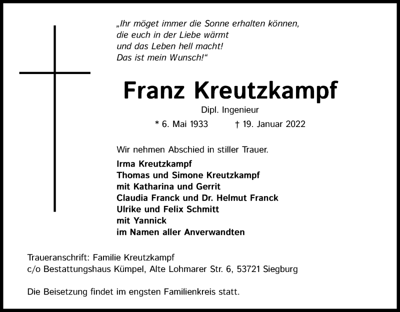  Traueranzeige für Franz Kreutzkampf vom 22.01.2022 aus Kölner Stadt-Anzeiger / Kölnische Rundschau / Express