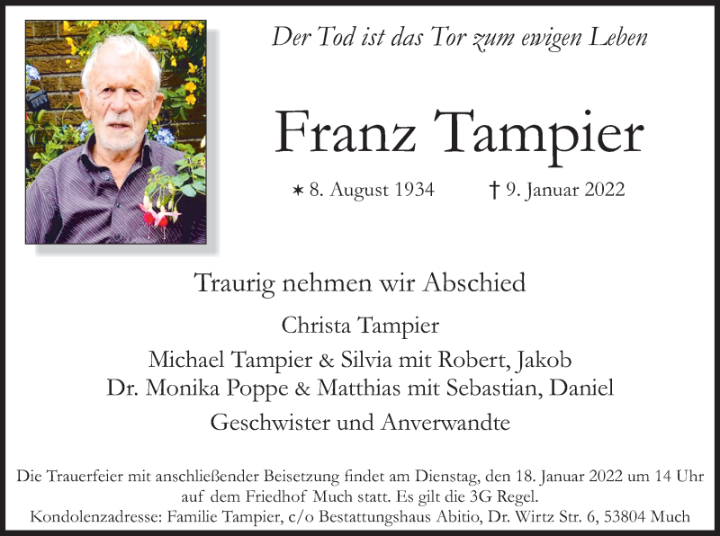  Traueranzeige für Franz Tampier vom 15.01.2022 aus Kölner Stadt-Anzeiger / Kölnische Rundschau / Express