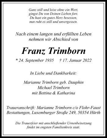 Anzeige von Franz Trimborn von Kölner Stadt-Anzeiger / Kölnische Rundschau / Express