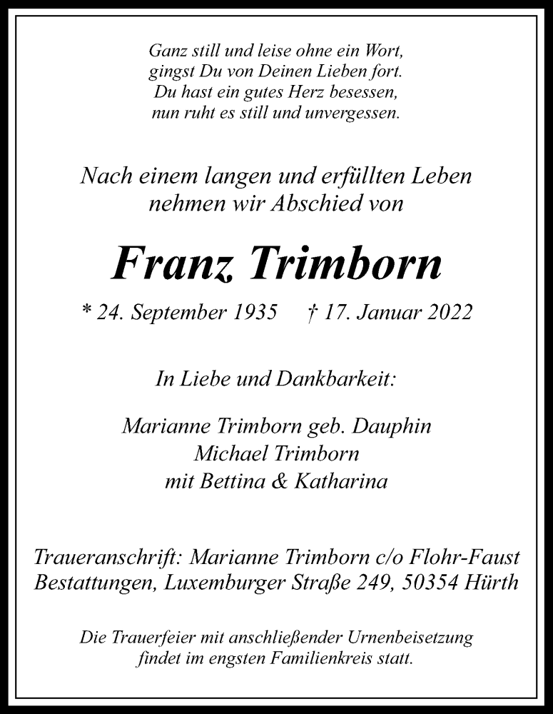  Traueranzeige für Franz Trimborn vom 22.01.2022 aus Kölner Stadt-Anzeiger / Kölnische Rundschau / Express