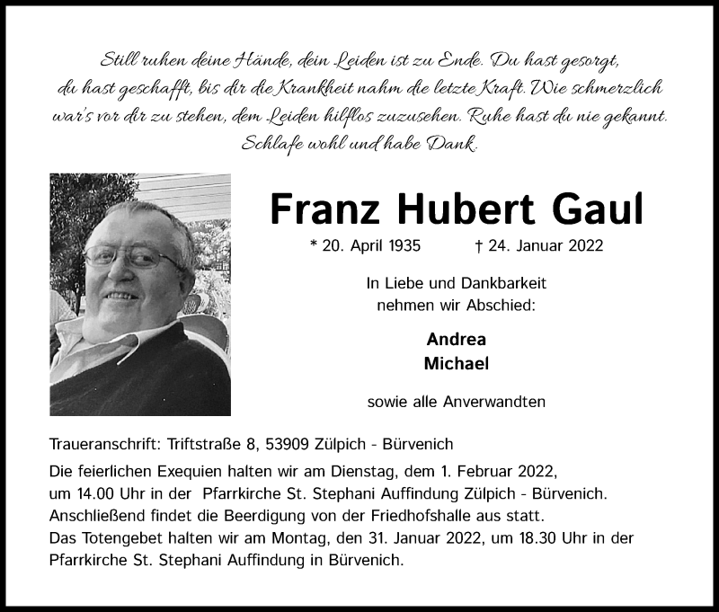  Traueranzeige für Franz Hubert Gaul vom 29.01.2022 aus Kölner Stadt-Anzeiger / Kölnische Rundschau / Express