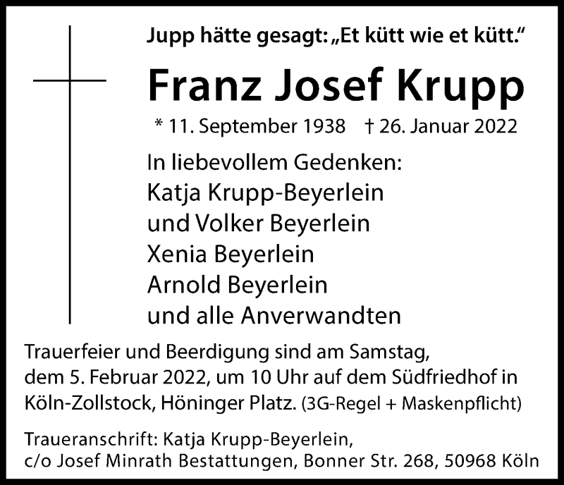  Traueranzeige für Franz Josef Krupp vom 29.01.2022 aus Kölner Stadt-Anzeiger / Kölnische Rundschau / Express