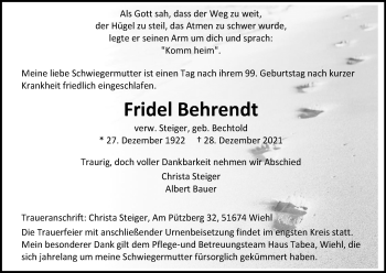 Anzeige von Fridel Behrendt von Kölner Stadt-Anzeiger / Kölnische Rundschau / Express