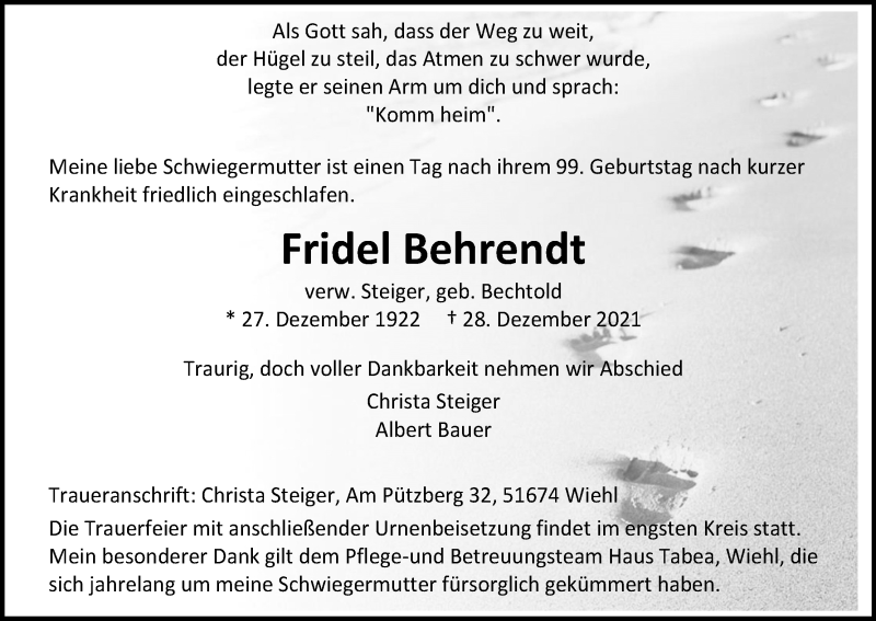  Traueranzeige für Fridel Behrendt vom 08.01.2022 aus Kölner Stadt-Anzeiger / Kölnische Rundschau / Express