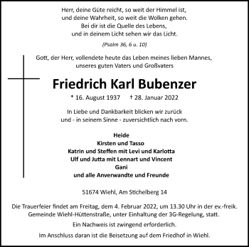 Anzeige von Friedrich Bubenzer von Kölner Stadt-Anzeiger / Kölnische Rundschau / Express