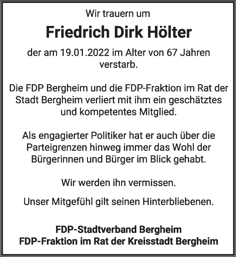 Traueranzeige für Friedrich Dirk Hölter vom 28.01.2022 aus  Werbepost 