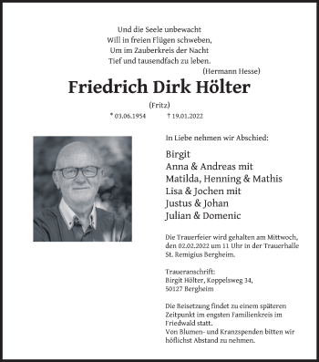 Anzeige von Friedrich Dirk Hölter von Kölner Stadt-Anzeiger / Kölnische Rundschau / Express