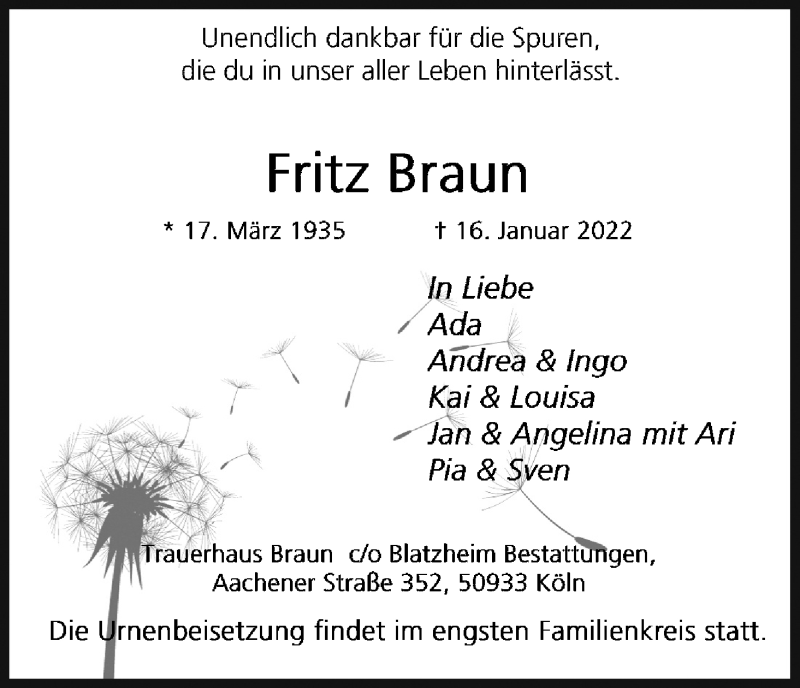  Traueranzeige für Fritz Braun vom 22.01.2022 aus Kölner Stadt-Anzeiger / Kölnische Rundschau / Express
