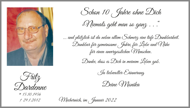  Traueranzeige für Fritz Dardenne vom 29.01.2022 aus  Blickpunkt Euskirchen 