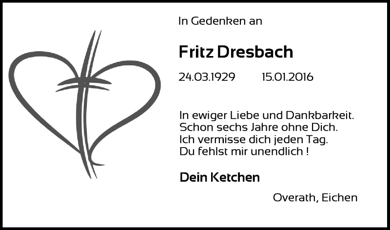  Traueranzeige für Fritz Dresbach vom 15.01.2022 aus Kölner Stadt-Anzeiger / Kölnische Rundschau / Express