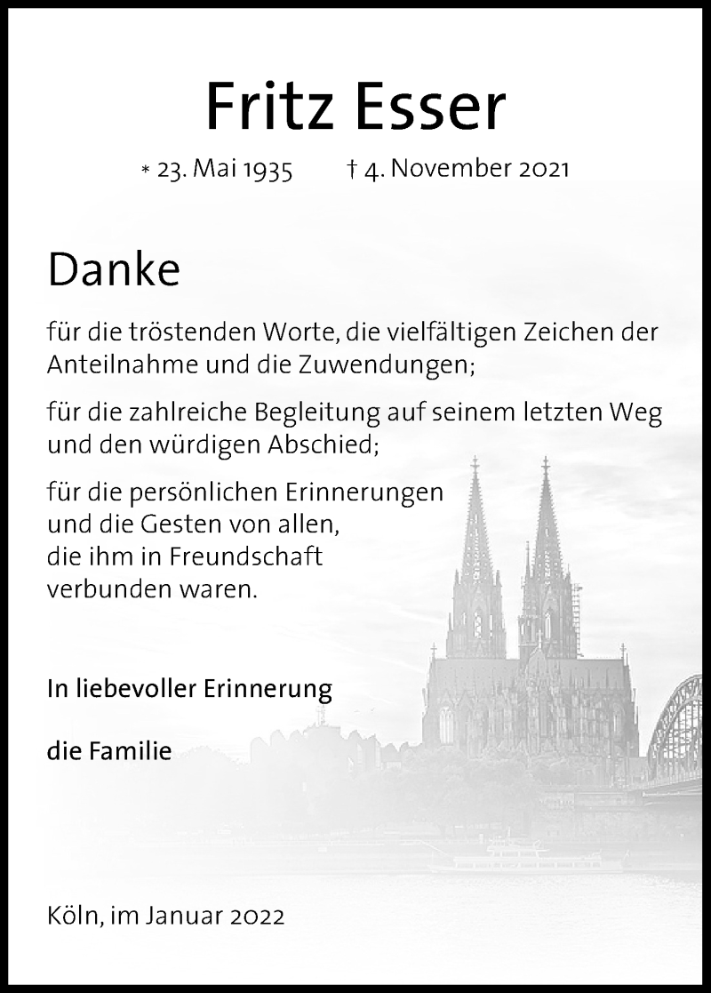  Traueranzeige für Fritz Esser vom 29.01.2022 aus Kölner Stadt-Anzeiger / Kölnische Rundschau / Express