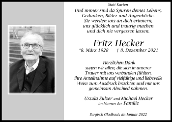 Anzeige von Fritz Hecker von Kölner Stadt-Anzeiger / Kölnische Rundschau / Express