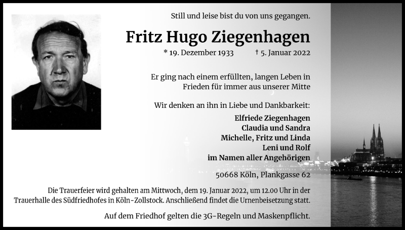  Traueranzeige für Fritz Hugo Ziegenhagen vom 15.01.2022 aus Kölner Stadt-Anzeiger / Kölnische Rundschau / Express